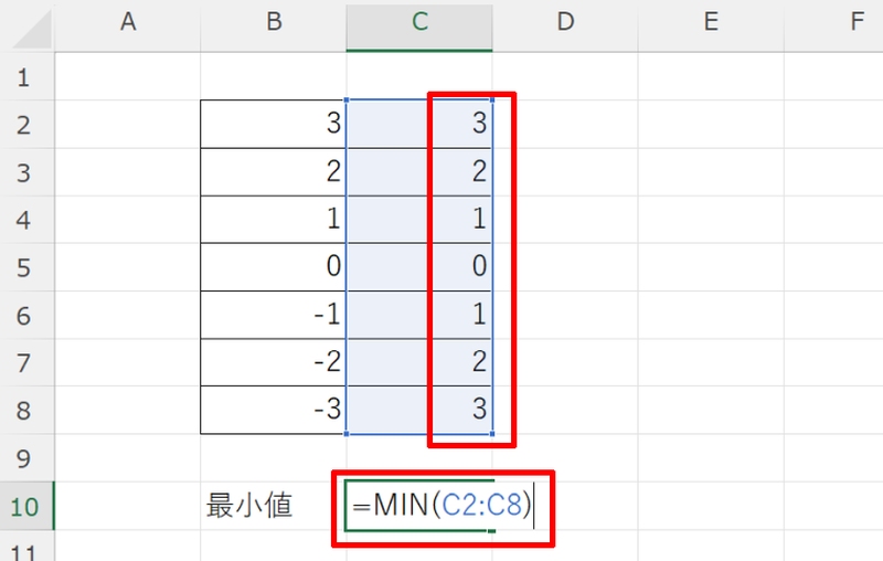 絶対値の最小をMIN関数で求める方法