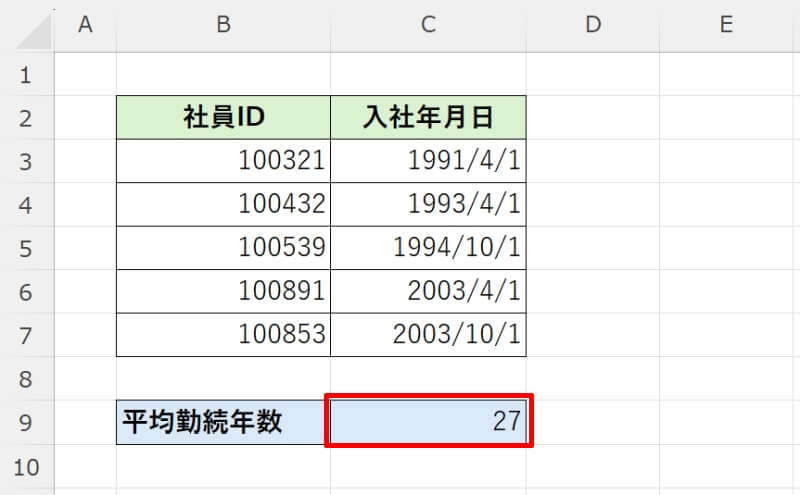 入社年月日データから平均勤続年数を算出