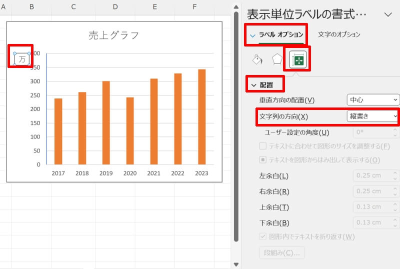 単位の表記を縦書きへ変更する方法