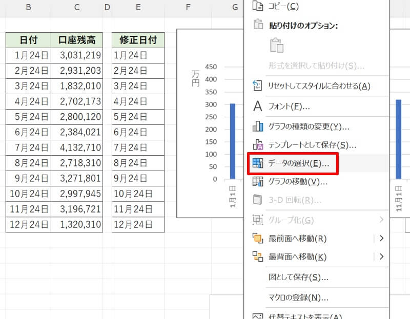 グラフの横軸の名前を編集・変更する