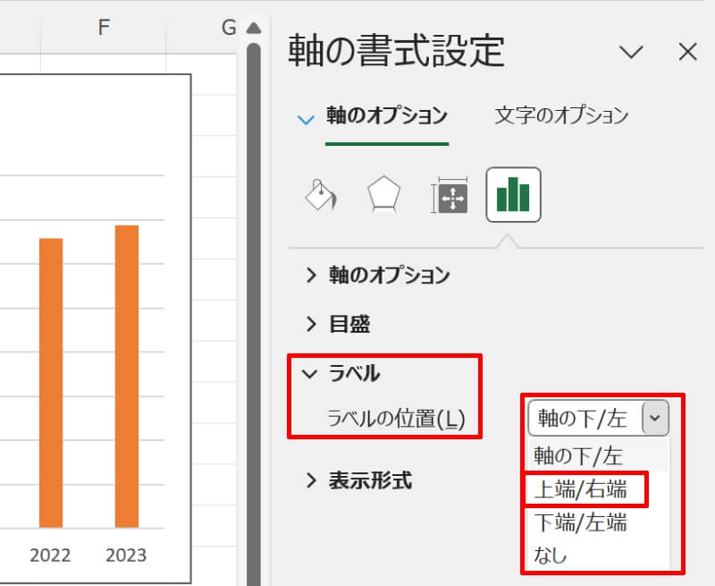 グラフの縦軸の表示位置を左から右へ変更する